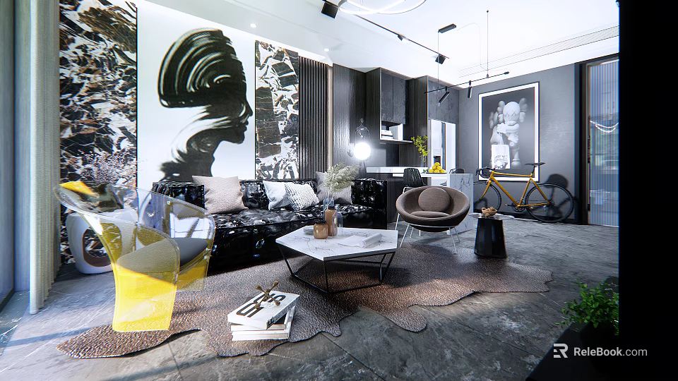 Modern Dining and Living Room Interior With Sofa Coffee Table Artwork And Lighting 3d model 