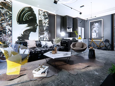 Modern Dining and Living Room Interior With Sofa Coffee Table Artwork And Lighting 3d model