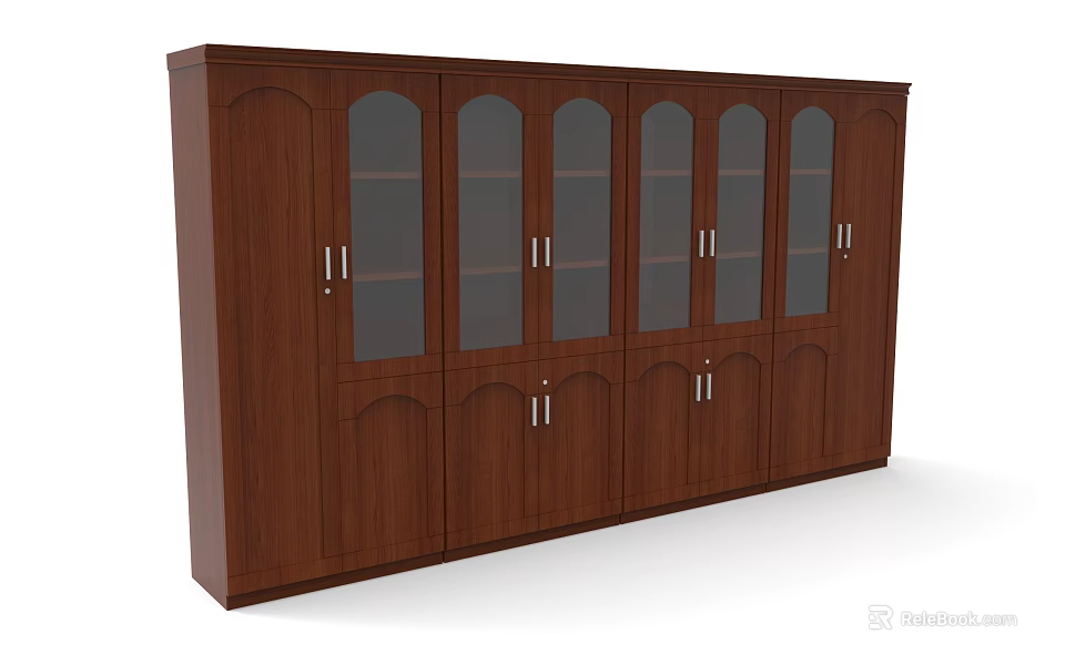 Brown Wooden Bookcase With Glass And Wooden Doors Multiple Storage Shelves For Home Library 3d model 