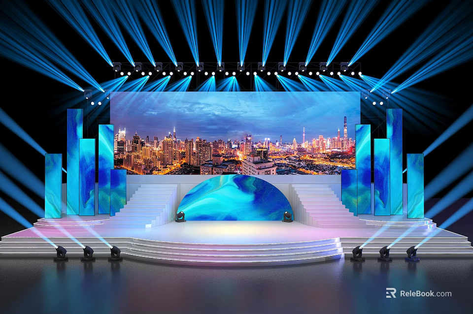 Modern Concert Stage Design With Blue Lights Large Screen And City Night View 3d model 