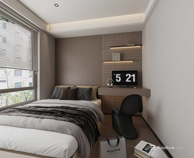 Modern Tatami Bedroom Interior Design With Tatami Bed Window Blinds Wall Shelf Desk And Chair 3d model 