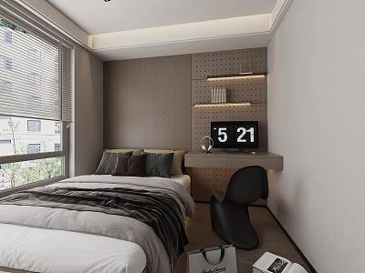 Modern Tatami Bedroom Interior Design With Tatami Bed Window Blinds Wall Shelf Desk And Chair 3d model