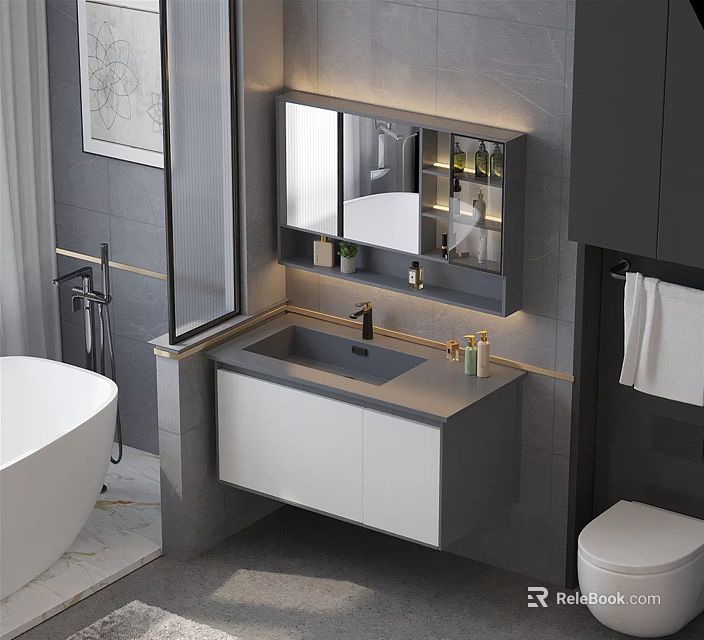 Sleek Modern Bathroom Wall Mounted Vanity With Dark Countertop Mirror Cabinet And Faucet 3d model 