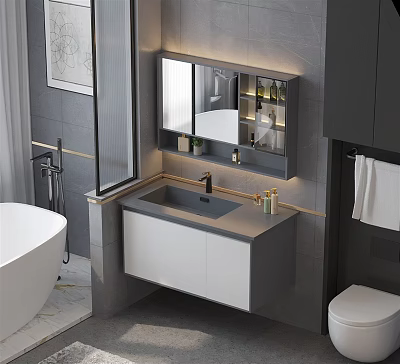 Sleek Modern Bathroom Wall Mounted Vanity With Dark Countertop Mirror Cabinet And Faucet 3d model