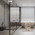 Modern Bathroom Interior With Glass Shower Bathtub And Window Blinds Design