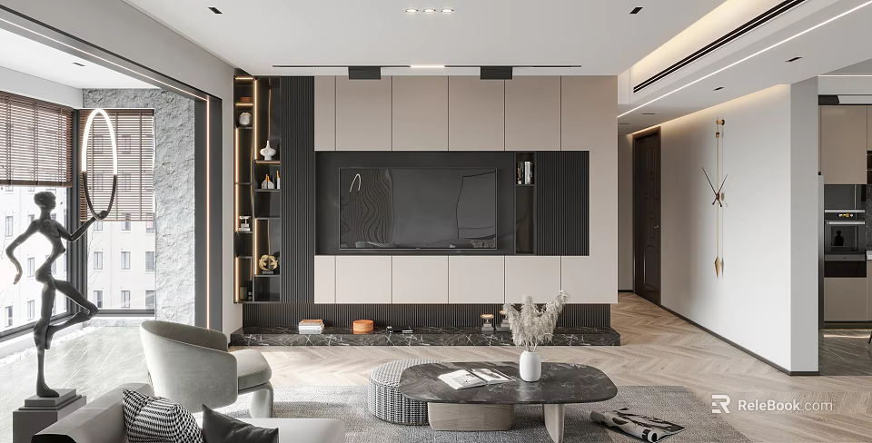 Modern Living Room Interior With Built in TV Wall Design And Round Coffee Table 3d model 