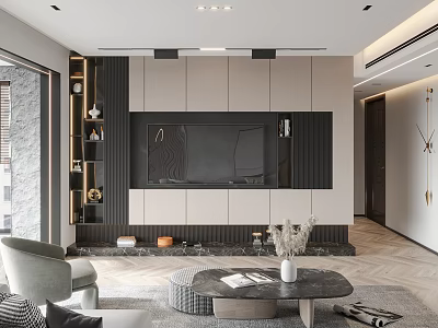 Modern Living Room Interior With Built in TV Wall Design And Round Coffee Table 3d model
