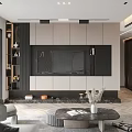 Modern Living Room Interior With Built in TV Wall Design And Round Coffee Table