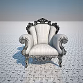 Elegant Carved Armchair With Gray Fabric Upholstery And White Ornate Wooden Frame Classical Design