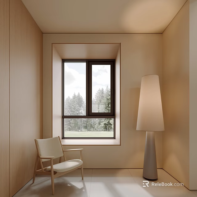 Minimalist Room With Floor Lamp Chair And Nature View Window 3d model 