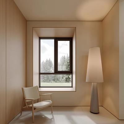 Minimalist Room With Floor Lamp Chair And Nature View Window 3d model