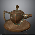 Vintage Copper Teapot With Wooden Base And Ornate Lid Design
