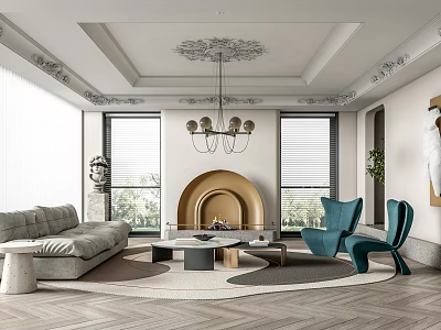 Modern Living Room Interior Design With Elegant Decorative Ceiling Fireplace Gray Sofa And Blue Armchairs 3d model