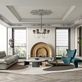 Modern Living Room Interior Design With Elegant Decorative Ceiling Fireplace Gray Sofa And Blue Armchairs