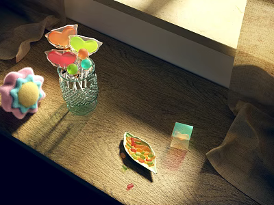 Colorful Lollipops in Glass Vase on Wooden Table with Leaf Shaped Plate and Natural Light 3d model