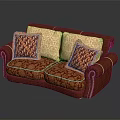 Classic Brown Leather Sofa With Rolled Arms And Geometric Patterned Accent Pillows 3d model