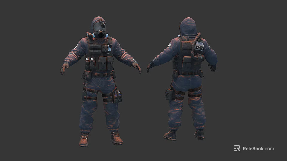 Game Movie Character Full Body In Dark Tactical Uniform With Helmet Backpack Front Back View 3d model 