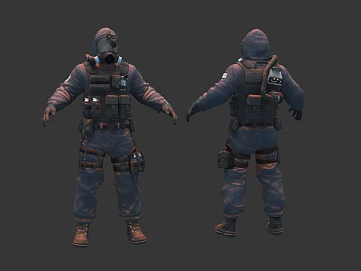 Game Movie Character Full Body In Dark Tactical Uniform With Helmet Backpack Front Back View 3d model