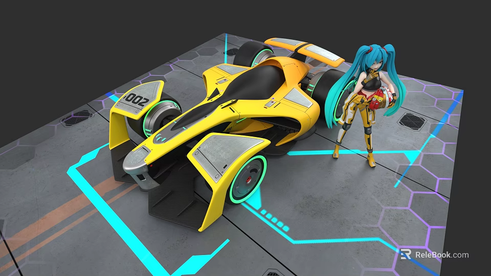 Woman with blue hair beside yellow racing car in futuristic tech setting with neon lines 3d model 