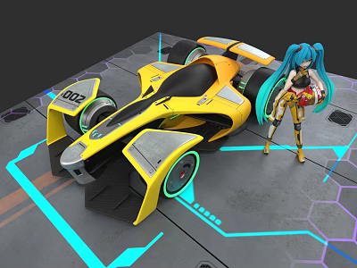 Woman with blue hair beside yellow racing car in futuristic tech setting with neon lines 3d model