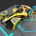 Woman with blue hair beside yellow racing car in futuristic tech setting with neon lines