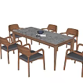 Modern Dining Table Set Featuring Marble Tabletop and Wooden Upholstered Chairs 3d model