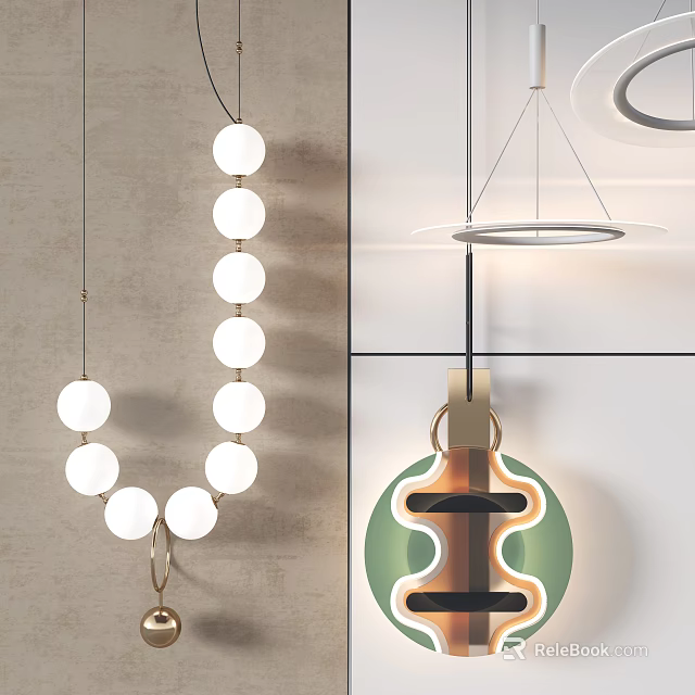 Modern Pendant Lights With White Round Balls And Circular Ring Designs 3d model