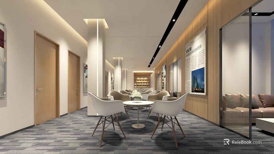 Modern Lounge Area With White Chairs Round Table Wooden Walls Shelves And Carpet 3d model 
