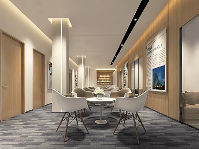 Modern Lounge Area With White Chairs Round Table Wooden Walls Shelves And Carpet 3d model