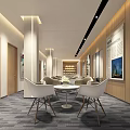 Modern Lounge Area With White Chairs Round Table Wooden Walls Shelves And Carpet