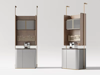 Modern Bar Counter Design With Wooden Cabinets Gray Doors And Pendant Lights 3d model