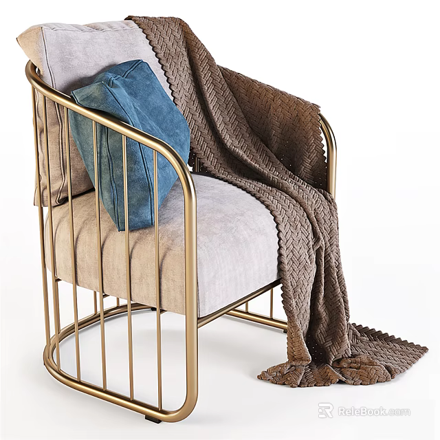 Modern Armchair with Gold Metal Frame Light Gray Cushion Blue Pillow and Brown Knitted Blanket 3d model 