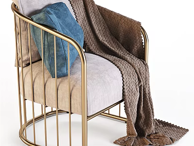 Modern Armchair with Gold Metal Frame Light Gray Cushion Blue Pillow and Brown Knitted Blanket 3d model