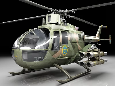 Green Military Helicopter With Rotor Blades Missile Pods And Fuselage Emblem 3d model