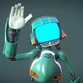 Green Robot With Blue Helmet Waving Hand And Orange Details On Gray Background