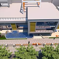 Modern School Building With Glass Facade Yellow Accent Landscaped Garden Fountain Stone Pathway And Trees