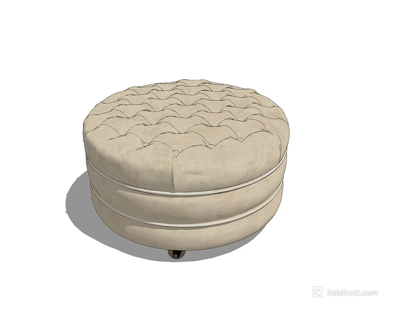 Beige Round Tufted Ottoman With Smooth Rolling Wheels For Living Space 3d model