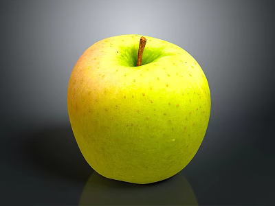 Fresh Yellow Green Apple With Speckled Surface Brown Stem On Shiny Surface With Gray Background 3d model