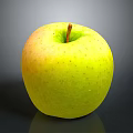 Fresh Yellow Green Apple With Speckled Surface Brown Stem On Shiny Surface With Gray Background
