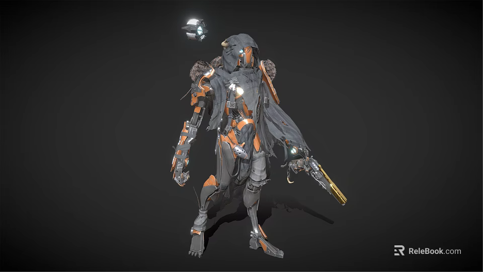 Smart Machine With Futuristic Mechanical Armor Gray Orange Weapon Design Details 3d model 