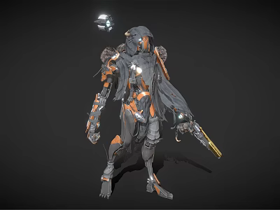 Smart Machine With Futuristic Mechanical Armor Gray Orange Weapon Design Details 3d model