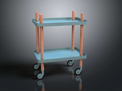 Two Tier Rolling Cart With Light Blue Shelves And Wooden Posts On Wheels 3d model