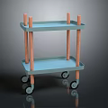Two Tier Rolling Cart With Light Blue Shelves And Wooden Posts On Wheels