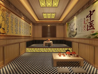 Traditional Chinese Sauna Interior With Wooden Structure Chinese Medicine Murals Calligraphy And Geometric Floor Pattern 3d model