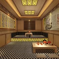 Traditional Chinese Sauna Interior With Wooden Structure Chinese Medicine Murals Calligraphy And Geometric Floor Pattern