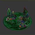 Vibrant Green Circular Landscape With Tall Trees Colorful Stones And Red Purple Accents