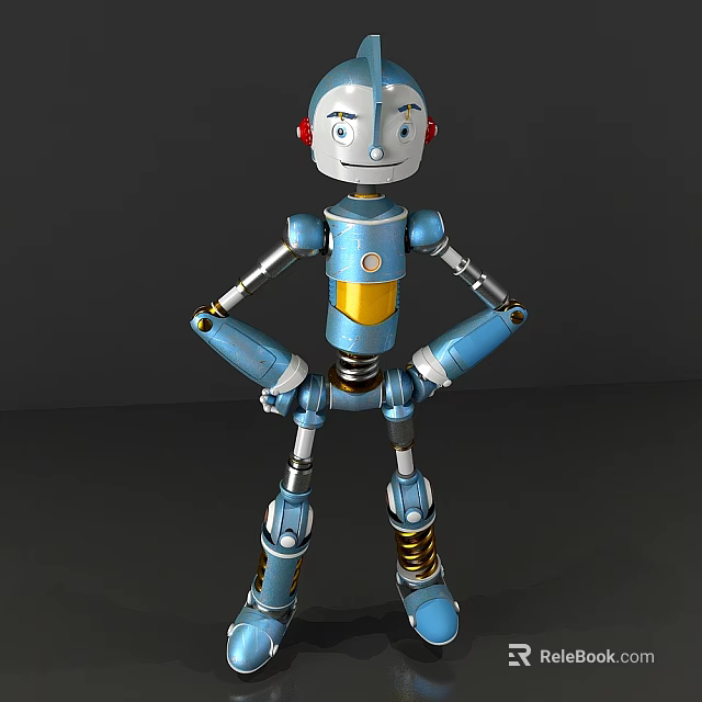 Smart Robot With Blue Body Yellow Chest Red Ears And Spring Legs 3d model 