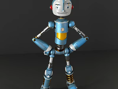 Smart Robot With Blue Body Yellow Chest Red Ears And Spring Legs 3d model