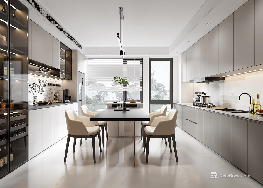Modern Minimalist Restaurant Kitchen With Grey Cabinets Dining Table Chairs And Window 3d model