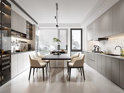Modern Minimalist Restaurant Kitchen With Grey Cabinets Dining Table Chairs And Window 3d model